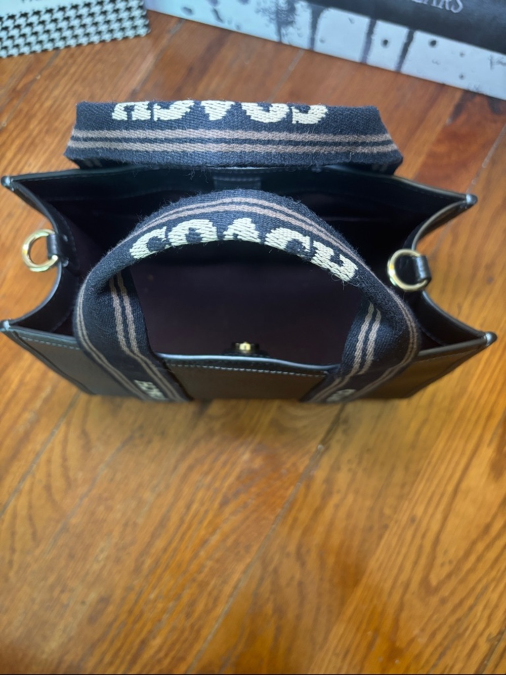 Coach Cargo Tote 20 Black Pebbled Leather Logo Web Strap Tote CSH14 - Picture 4 of 11